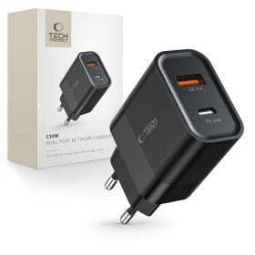   Tech-Protect C30W hálózati töltő, USB-C PD 30 W és USB-A QC 3.0, fekete