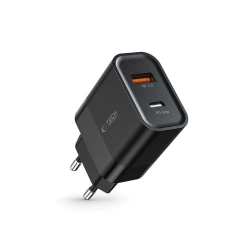 Tech-Protect C30W hálózati töltő, USB-C PD 30 W és USB-A QC 3.0, fekete