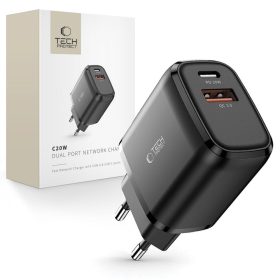   Tech-Protect C20W hálózati töltő, 20 W PD, 1× USB-C + 1× USB-A, fekete