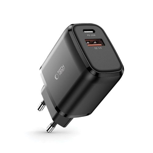 Tech-Protect C20W hálózati töltő, 20 W PD, 1× USB-C + 1× USB-A, fekete