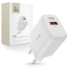   Tech-Protect C20W hálózati töltő, 20 W PD, 1× USB-C + 1× USB-A, fehér