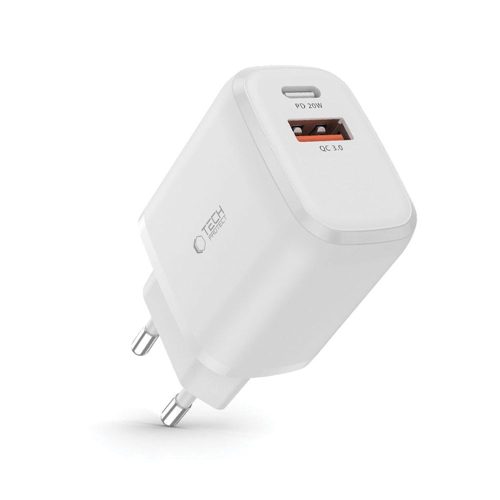 Tech-Protect C20W hálózati töltő, 20 W PD, 1× USB-C + 1× USB-A, fehér