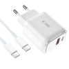 Tech-Protect C20W hálózati töltő, 20 W PD, 1× USB-C + 1× USB-A, fehér, kábellel