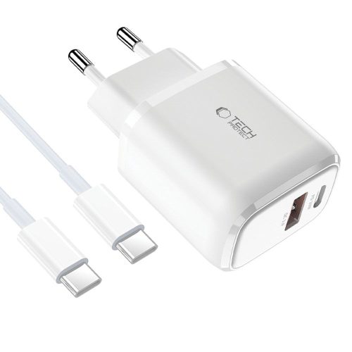 Tech-Protect C20W hálózati töltő, 20 W PD, 1× USB-C + 1× USB-A, fehér, kábellel