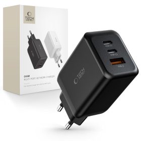  Tech-Protect C65W hálózati töltő, 65 W PD, 2× USB-C + 1× USB-A, fekete