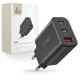   Tech-Protect NC30W hálózati töltő, 30 W PD, 2× USB-C + 1× USB-A, fekete
