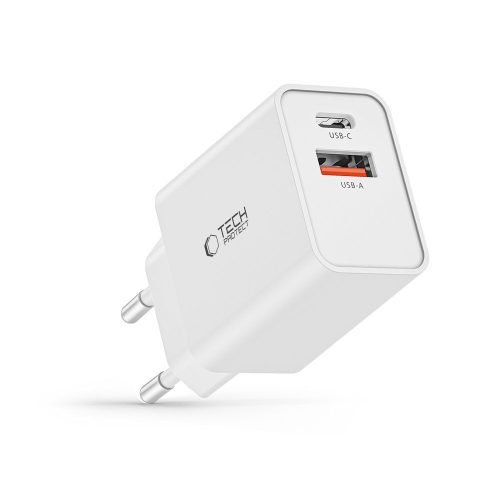 Tech-Protect NC30W hálózati töltő, 30 W PD, 1× USB-C + 1× USB-A, fehér