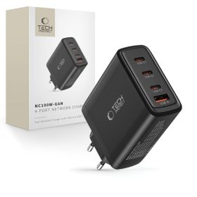   Tech-Protect NC100W GaN hálózati töltő, 100 W PD, 3× USB-C + 1× USB-A, fekete