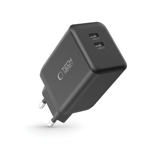 Tech-Protect NC45W-GaN hálózati töltő, 2× USB-C, PD/PPS 45 W, fekete