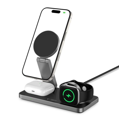 Tech-Protect Qi15W-A47 3 az 1-ben mágneses töltőállvány, 15 W, MagSafe, fekete