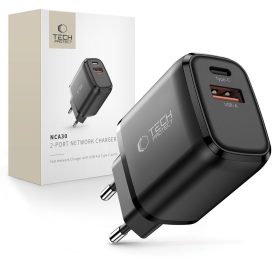   Tech-Protect NCA30 hálózati töltő, 30 W PD, 1× USB-C + 1× USB-A, fekete