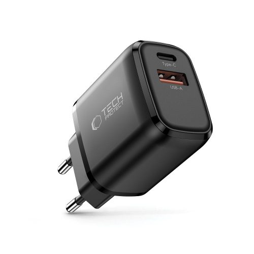 Tech-Protect NCA20 hálózati töltő, 20 W PD, 1× USB-C + 1× USB-A, fekete