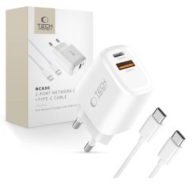   Tech-Protect NCA30 hálózati töltő, 30 W PD, 1× USB-C + 1× USB-A, fehér, kábellel