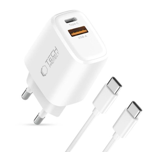Tech-Protect NCA30 hálózati töltő, 30 W PD, 1× USB-C + 1× USB-A, fehér, kábellel