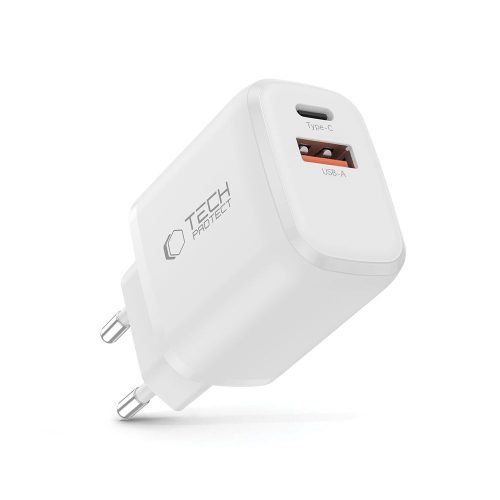 Tech-Protect NCA20 hálózati töltő, 20 W PD, 1× USB-C + 1× USB-A, fehér