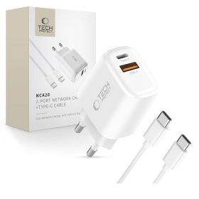   Tech-Protect NCA20 hálózati töltő, 20 W PD, 1× USB-C + 1× USB-A, fehér, kábellel
