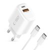 Tech-Protect NCA20 hálózati töltő, 20 W PD, 1× USB-C + 1× USB-A, fehér, kábellel