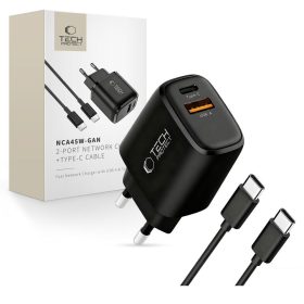  Tech-Protect NCA45W GaN hálózati töltő, 45 W PD, 1× USB-C + 1× USB-A, fekete, kábellel