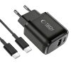 Tech-Protect NCA45W GaN hálózati töltő, 45 W PD, 1× USB-C + 1× USB-A, fekete, kábellel