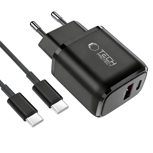 Tech-Protect NCA45W GaN hálózati töltő, 45 W PD, 1× USB-C + 1× USB-A, fekete, kábellel