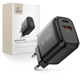   Tech-Protect NCA45W GaN hálózati töltő, 45 W PD, 1× USB-C + 1× USB-A, fekete