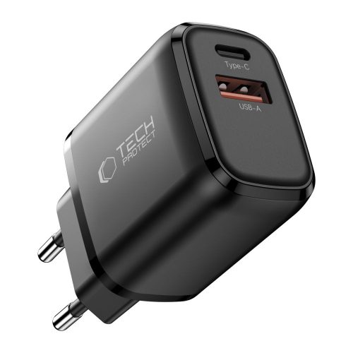 Tech-Protect NCA45W GaN hálózati töltő, 45 W PD, 1× USB-C + 1× USB-A, fekete