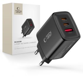   Tech-Protect NCA65W GaN hálózati töltő, 65 W PD, 2× USB-C + 1× USB-A, fekete