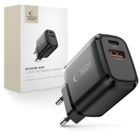   Tech-Protect NCA65W GaN hálózati töltő, 65 W PD, 1× USB-C + 1× USB-A, fekete
