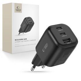   Tech-Protect NCA100W GaN AVS hálózati töltő, 100 W PD, 2× USB-C + 1× USB-A, fekete
